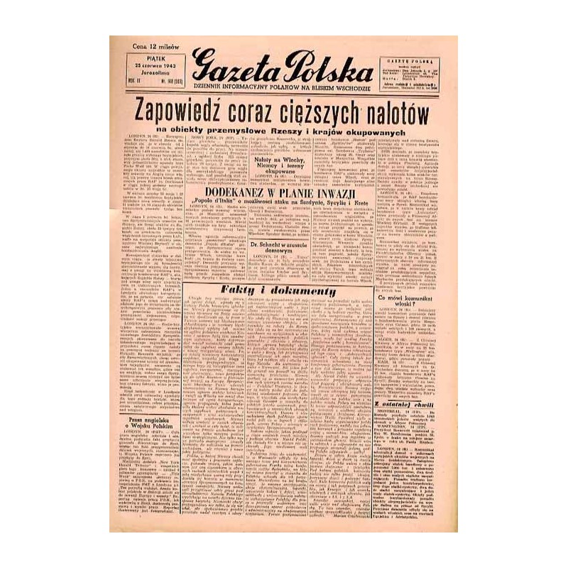 Gazeta Polska. Dziennik informacyjny Polaków na Bliskim Wschodzie. R.3 (1943). Nr 148 (587) (25 czerwca 1943)