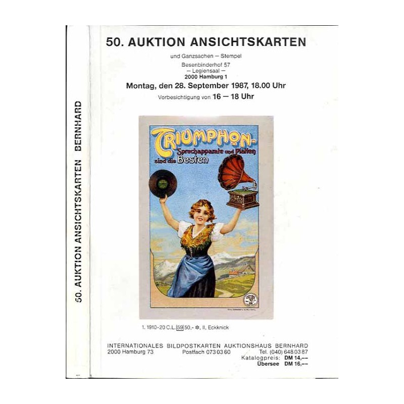 [Martin Bernhard] 50. Auktion Ansichtskarten und Ganzsachen - Stempel. Besenbinderhof 57, Legiensaal, 2000 Hamburg 1. Montag, de