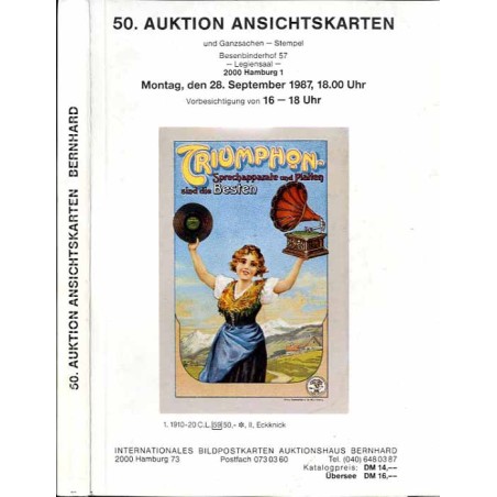 [Martin Bernhard] 50. Auktion Ansichtskarten und Ganzsachen - Stempel. Besenbinderhof 57, Legiensaal, 2000 Hamburg 1. Montag, de