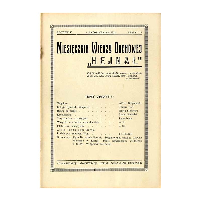 "Hejnał". Miesięcznik poświęcony wiedzy duchowej. R. 5 (1933). Z. 10 (1 października 1933)
