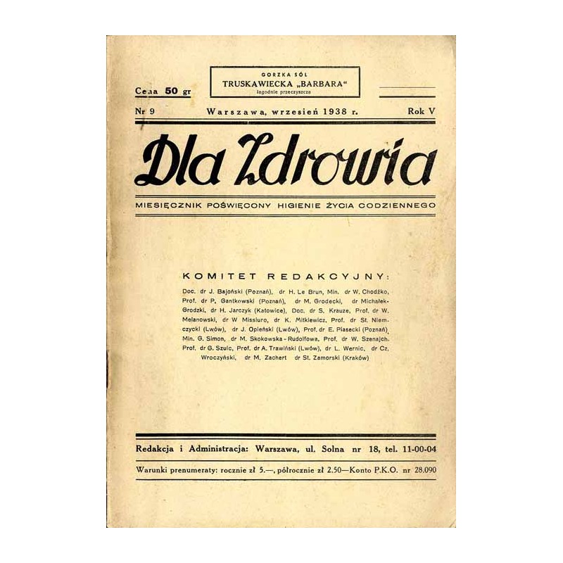 Dla Zdrowia. Miesięcznik poświęcony higienie życia codziennego. R.5 (1938). Nr 9 (Wrzesień 1938)