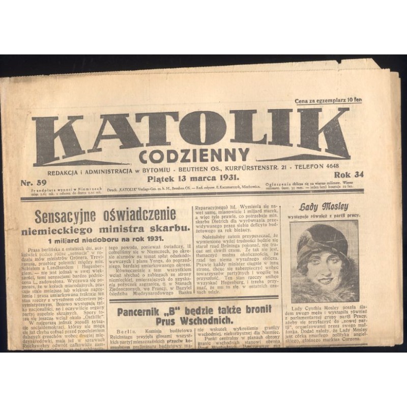 Katolik Codzienny. R.34 (1931). Nr 59 (13 III 1931)