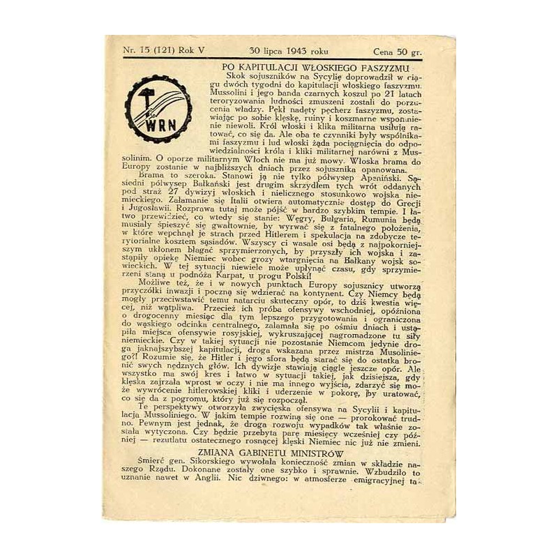 WRN [Wolność Równość Niepodległość]. R. 5 (1943). Nr 15 (121) (30 lipca 1943)