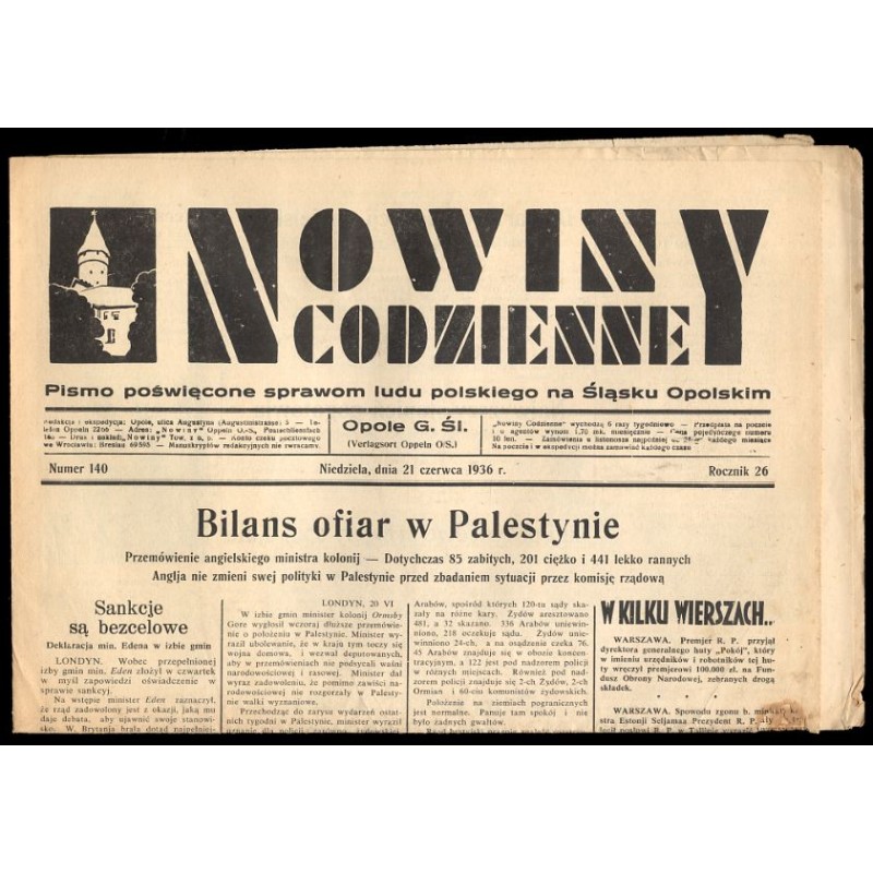 Nowiny Codzienne. Pismo poświęcone sprawom ludu polskiego na Śląsku Opolskim. R.26 (1936). Nr 140 (21 czerwca 1936)