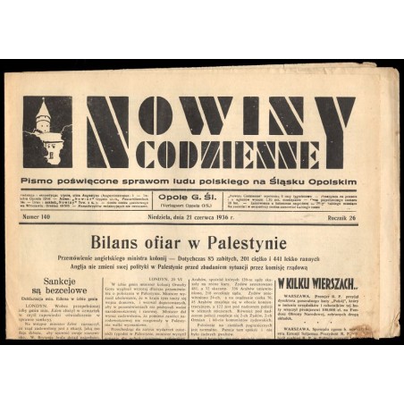 Nowiny Codzienne. Pismo poświęcone sprawom ludu polskiego na Śląsku Opolskim. R.26 (1936). Nr 140 (21 czerwca 1936)
