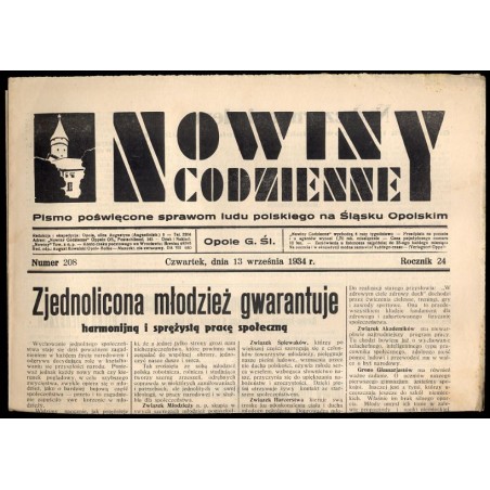 Nowiny Codzienne. Pismo poświęcone sprawom ludu polskiego na Śląsku Opolskim. R.24 (1934). Nr 208 (13 września 1934)