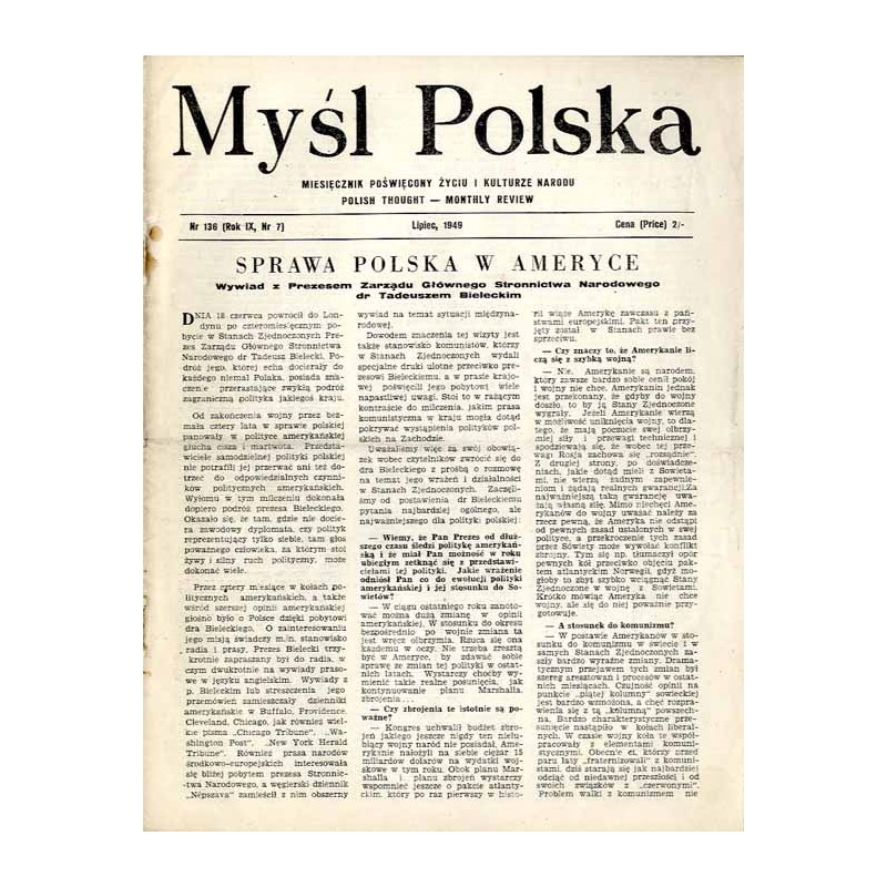Myśl Polska. Dwutygodnik poświęcony życiu i kulturze narodu  Polish Thought. Fortnightly review. R.9 (1949). Nr 7 (136) (Lipiec