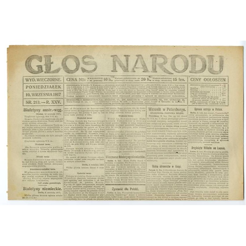 Głos Narodu. R.25 (1917). Nr 213 (10 września 1917). Wydanie wieczorne