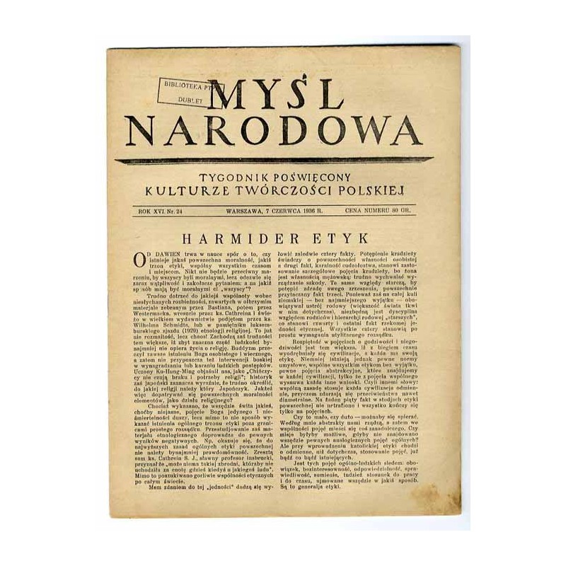 Myśl Narodowa. Tygodnik poświęcony kulturze twórczości polskiej. R.16 (1936). Nr 24 (7 czerwca 1936)