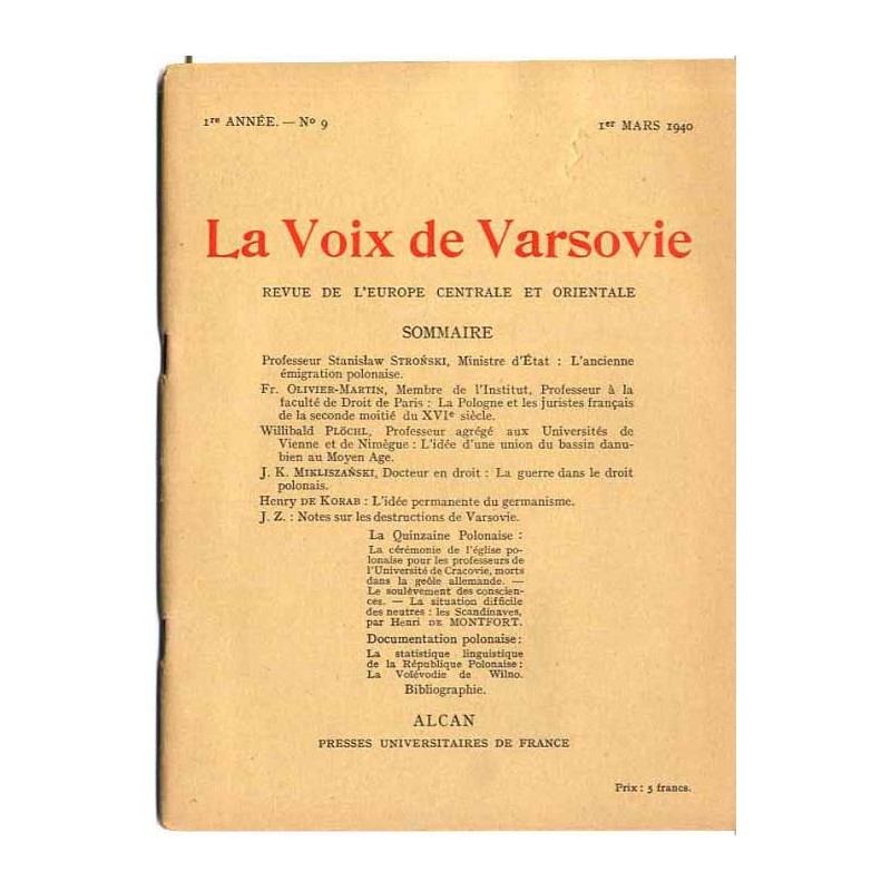 La Voix de Varsovie. Revue de L'Europe Centrale et Orientale. 1. année (1940). No 9 (1 III 1940)