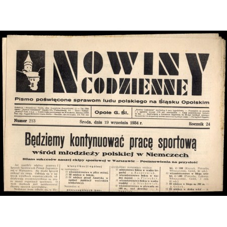 Nowiny Codzienne. Pismo poświęcone sprawom ludu polskiego na Śląsku Opolskim. R.24 (1934). Nr 213 (19 września 1934)