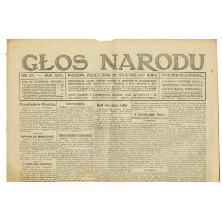 Głos Narodu. R.25 (1917). Nr 94 (20 kwietnia 1917). Wydanie popołudniowe