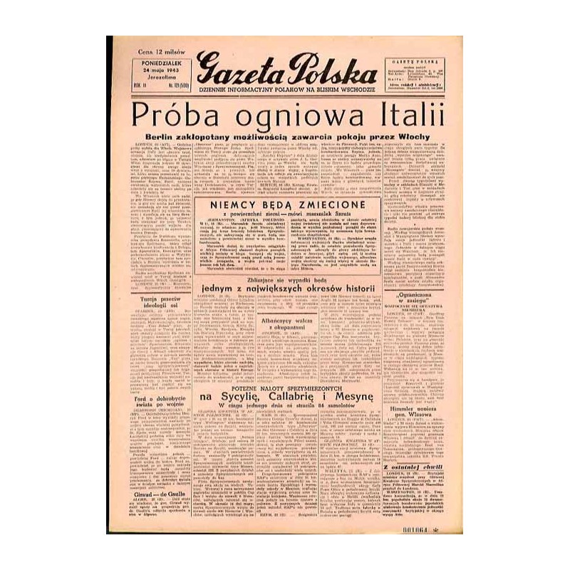 Gazeta Polska. Dziennik informacyjny Polaków na Bliskim Wschodzie. R.3 (1943). Nr 121 (560) (24 maja 1943)