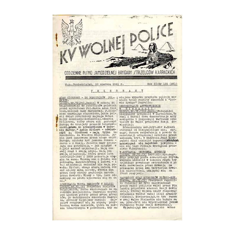 Ku Wolnej Polsce. Codzienne pismo Brygady Strzelców Karpackich. R.2 (1941). Nr 155 (261) (30 czerwca 1941)
