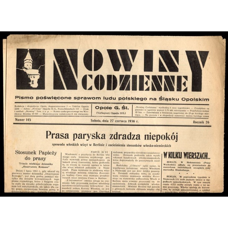 Nowiny Codzienne. Pismo poświęcone sprawom ludu polskiego na Śląsku Opolskim. R.26 (1936). Nr 145 (27 czerwca 1936)