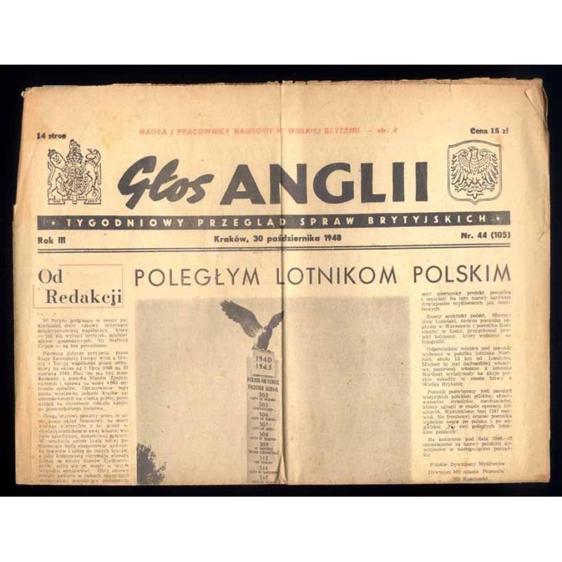 Głos Anglii. Tygodniowy przegląd spraw brytyjskich. R.3 (1948). Nr 44 (30 października 1948) /  Poległym lotnikom polskim pomnik