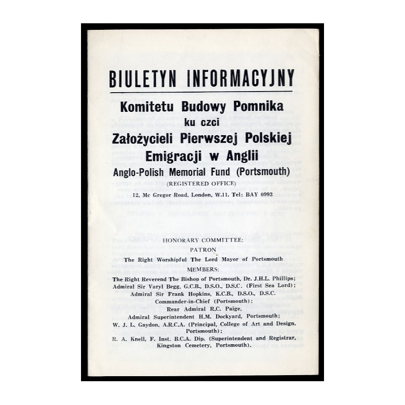 Biuletyn Informacyjny Komitetu Budowy Pomnika ku czci Założycieli Pierwszej Polskiej Emigracji w Anglii