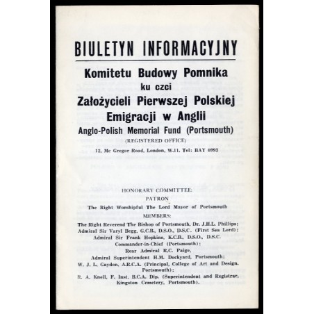 Biuletyn Informacyjny Komitetu Budowy Pomnika ku czci Założycieli Pierwszej Polskiej Emigracji w Anglii