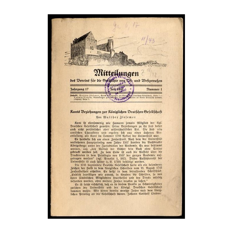 Mitteilungen des Vereins für die Geschichte von Ost- und Westpreußen. 17. Jahrgang (1942). Nr 1 (1 VII 1942)