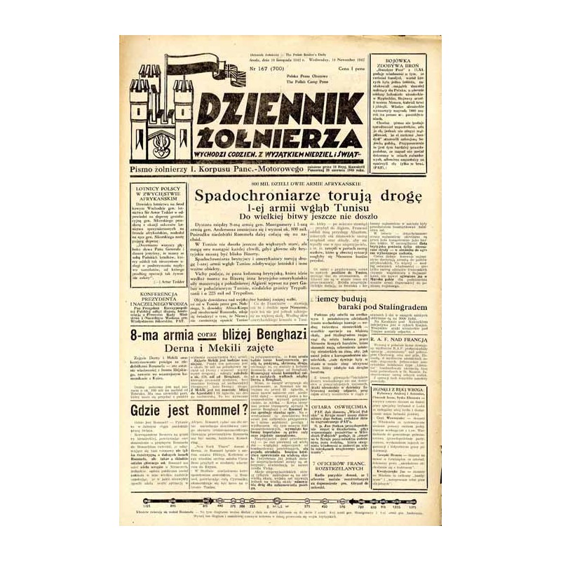 Dziennik Żołnierza. [...] Pismo żołnierzy I. Korpusu Panc.-Motorowego. R.3 (1942). Nr 167 (700) (18 listopada 1942)