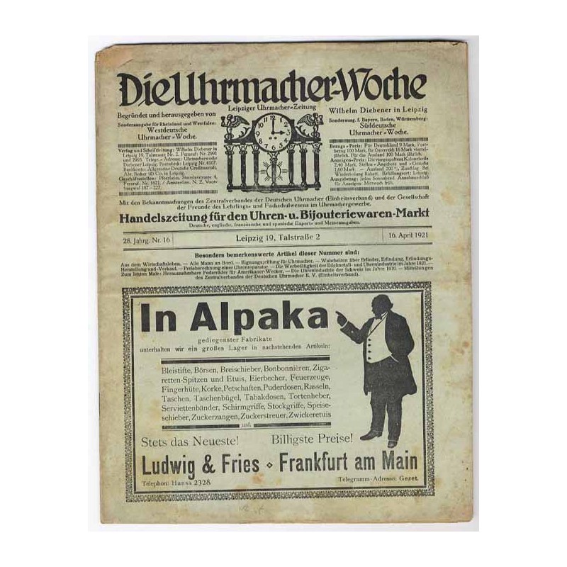 Die Uhrmacher-Woche. Leipziger Uhrmacher-Zeitung. 28. Jahrgang (1921). Nr 16 (16.04.1921)