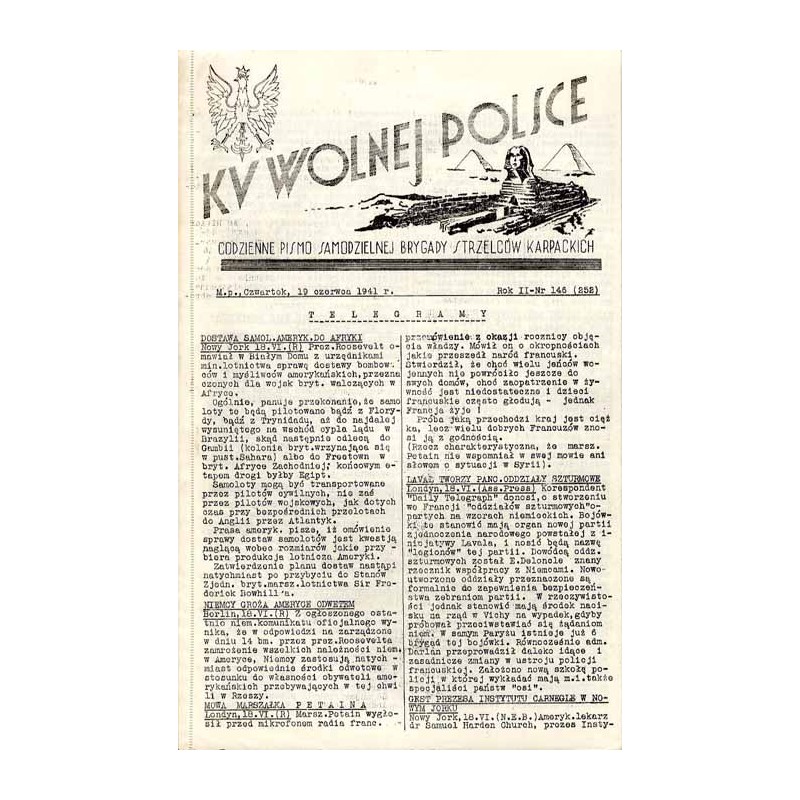 Ku Wolnej Polsce. Codzienne pismo Brygady Strzelców Karpackich. R.2 (1941). Nr 146 (252) (19 czerwca 1941)