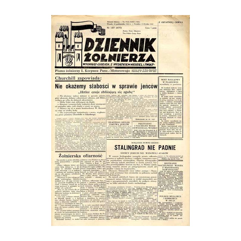 Dziennik Żołnierza. [...] Pismo żołnierzy I. Korpusu Panc.-Motorowego. R.3 (1942). Nr 137 (670) (13 października 1942) / Staling