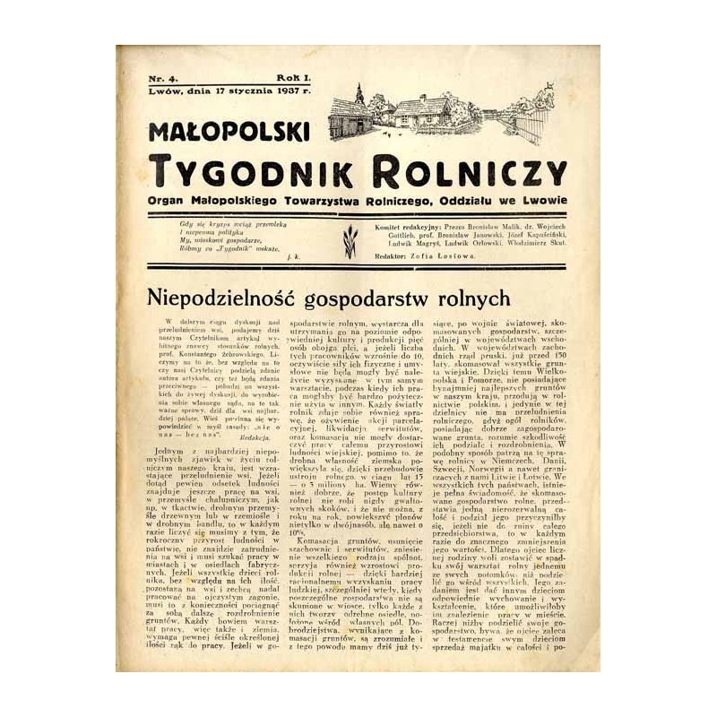 Małopolski Tygodnik Rolniczy. Organ Małopolskiego Towarzystwa Rolniczego, Oddziału we Lwowie. R. 1 (1937). Nr 4 (17 stycznia 193