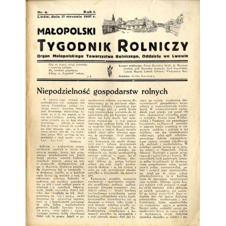 Małopolski Tygodnik Rolniczy. Organ Małopolskiego Towarzystwa Rolniczego, Oddziału we Lwowie. R. 1 (1937). Nr 4 (17 stycznia 193
