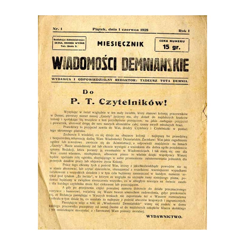 Wiadomości Demnianskie. Miesięcznik. [Dwutygodnik Zakładów Przemysłowych Braci Groedel i inne tytuły i podtytuły]. R. 1-3 (1928-