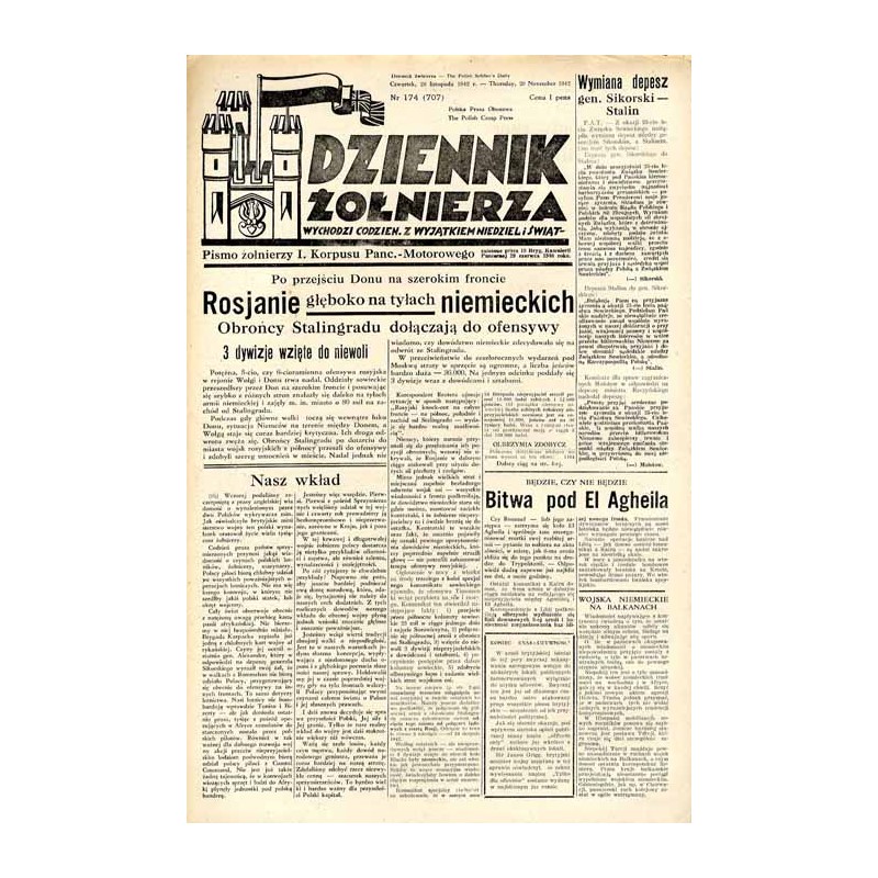 Dziennik Żołnierza. [...] Pismo żołnierzy I. Korpusu Panc.-Motorowego. R.3 (1942). Nr 174 (707) (26 listopada 1942)