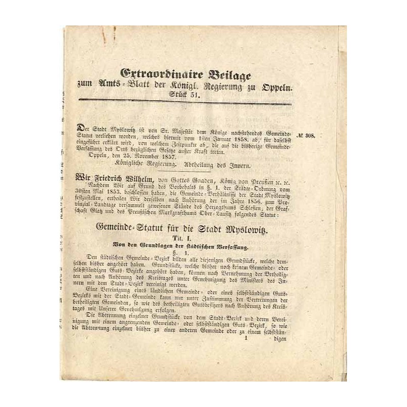 [Amts-Blatt der Königlichen Regierung zu Oppeln. 1857]. Extaordinaire Beilage zum Amts-Blatt der Königl. Regierung zu Oppeln. St