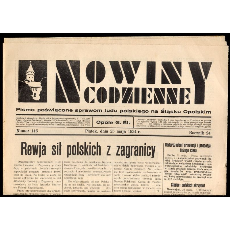 Nowiny Codzienne. Pismo poświęcone sprawom ludu polskiego na Śląsku Opolskim. R.24 (1934). Nr 116 (25 maja 1934)