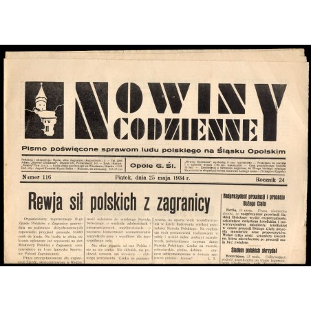 Nowiny Codzienne. Pismo poświęcone sprawom ludu polskiego na Śląsku Opolskim. R.24 (1934). Nr 116 (25 maja 1934)