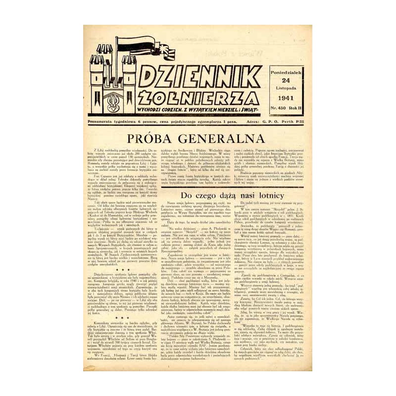 Dziennik Żołnierza. Wychodzi codzien. z wyjątkiem niedziel i świąt. R.2 (1941). Nr 430 (24 listopada 1941)