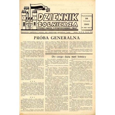 Dziennik Żołnierza. Wychodzi codzien. z wyjątkiem niedziel i świąt. R.2 (1941). Nr 430 (24 listopada 1941)