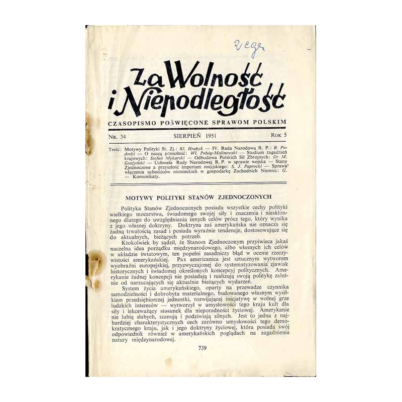 Za Wolność i Niepodległość. Czasopismo poświęcone sprawom polskim. R.4 (1951). Nr 34 (Sierpień 1951)