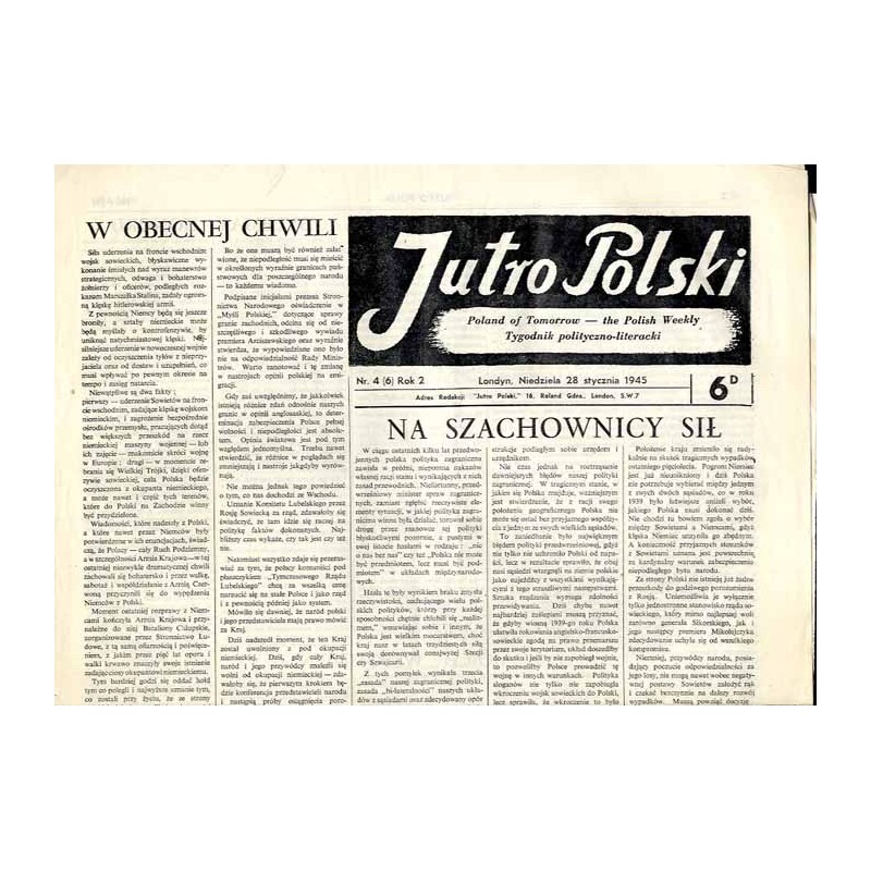 Jutro Polski. Tygodnik polityczno-literacki  Poland of Tomorrow. The Polish Weekly. R.2 (1945). Nr 4 (6) (28 stycznia 1945) / S