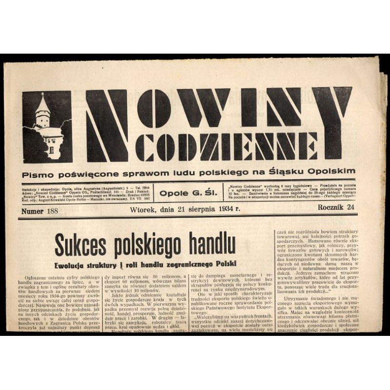 Nowiny Codzienne. Pismo poświęcone sprawom ludu polskiego na Śląsku Opolskim. R.24 (1934). Nr 188 (21 sierpnia 1934)