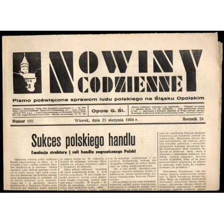 Nowiny Codzienne. Pismo poświęcone sprawom ludu polskiego na Śląsku Opolskim. R.24 (1934). Nr 188 (21 sierpnia 1934)