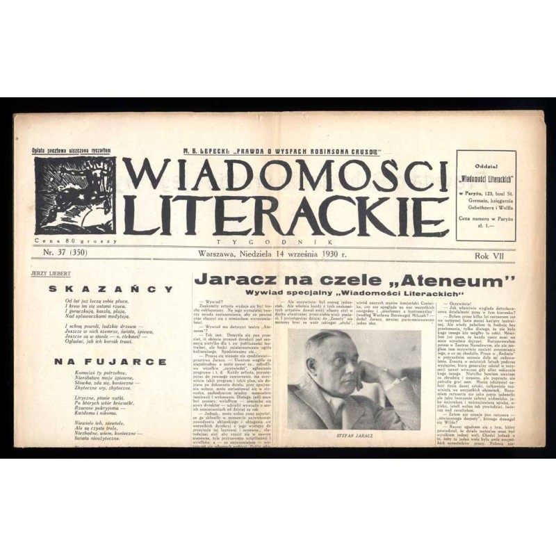 Wiadomości Literackie. Tygodnik. R.7 (1930). Nr 37 (350) (14 września 1930)