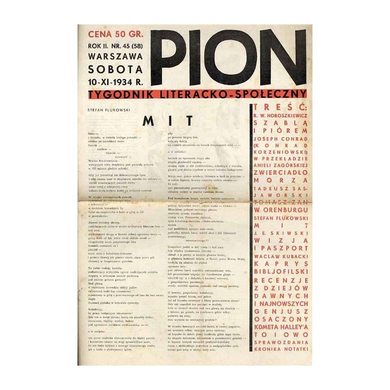 Pion. Tygodnik literacko-społeczny. R.2 (1934). Nr 45 (58) (10 listopada 1934)