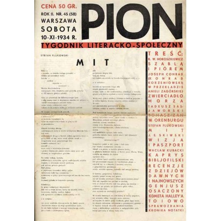 Pion. Tygodnik literacko-społeczny. R.2 (1934). Nr 45 (58) (10 listopada 1934)