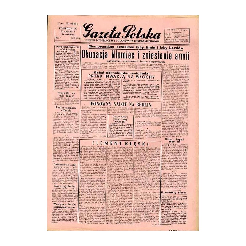 Gazeta Polska. Dziennik informacyjny Polaków na Bliskim Wschodzie. R.3 (1943). Nr 115 (554) (17 maja 1943) / Szmul Zygielbojm