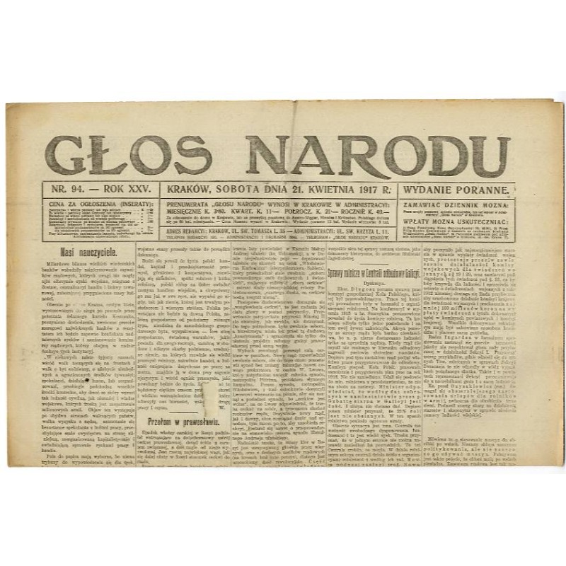 Głos Narodu. R.25 (1917). Nr 94 (21 kwietnia 1917). Wydanie poranne