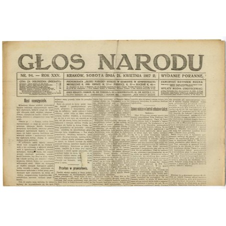 Głos Narodu. R.25 (1917). Nr 94 (21 kwietnia 1917). Wydanie poranne