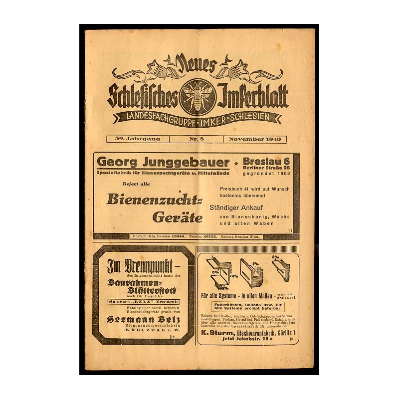 Neues Schlesisches Imkerblatt. Landesfachgruppe Imker Schlesien. 39. Jahrgang (1940). Nr 8 (November)