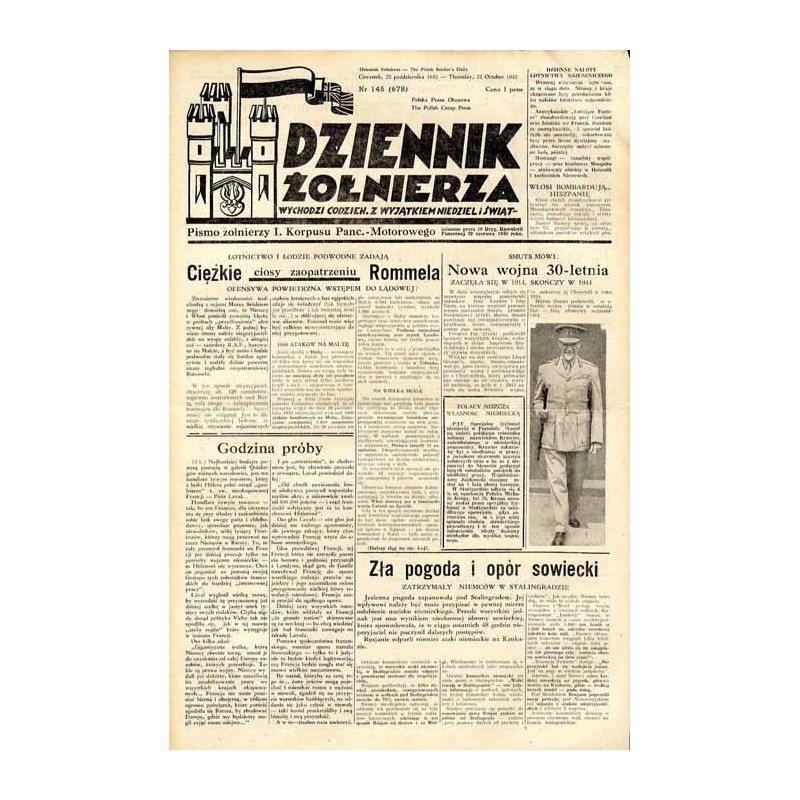 Dziennik Żołnierza. [...] Pismo żołnierzy I. Korpusu Panc.-Motorowego. R.3 (1942). Nr 145 (678) (22 października 1942)