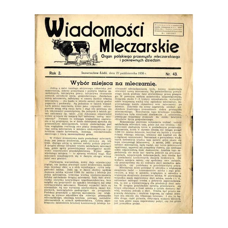Wiadomości Mleczarskie. Organ polskiego przemysłu mleczarskiego i pokrewnych dziedzin. R.2 (1936). Nr 43 (22 października 1936)