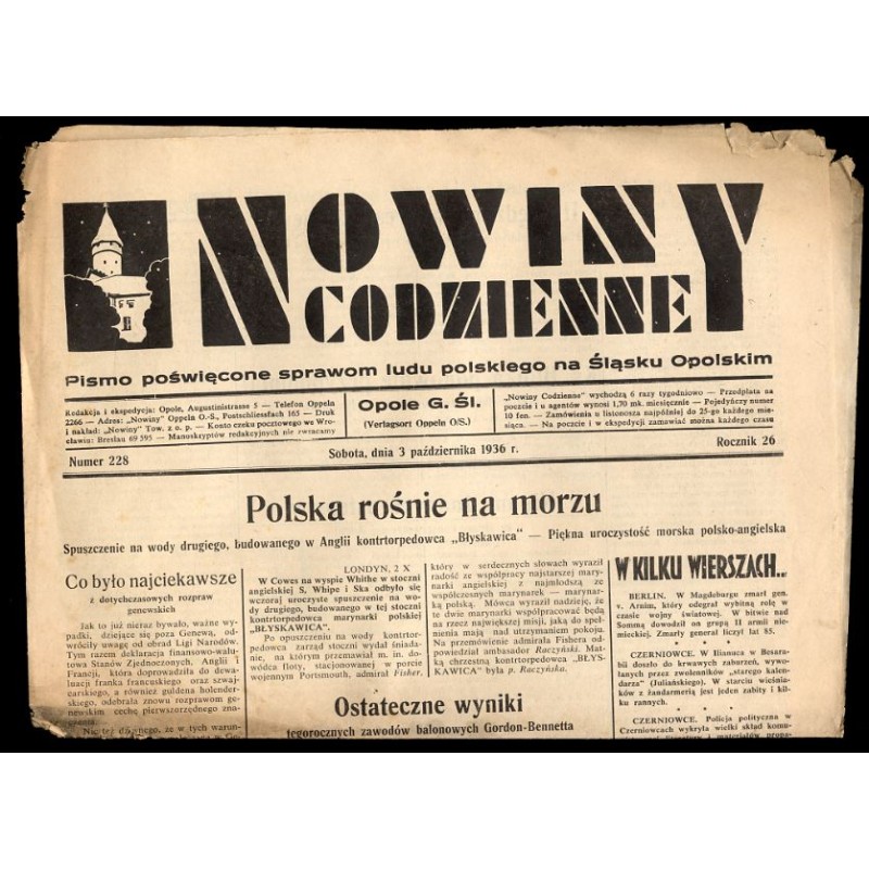Nowiny Codzienne. Pismo poświęcone sprawom ludu polskiego na Śląsku Opolskim. R.26 (1936). Nr 228 (3 października 1936)